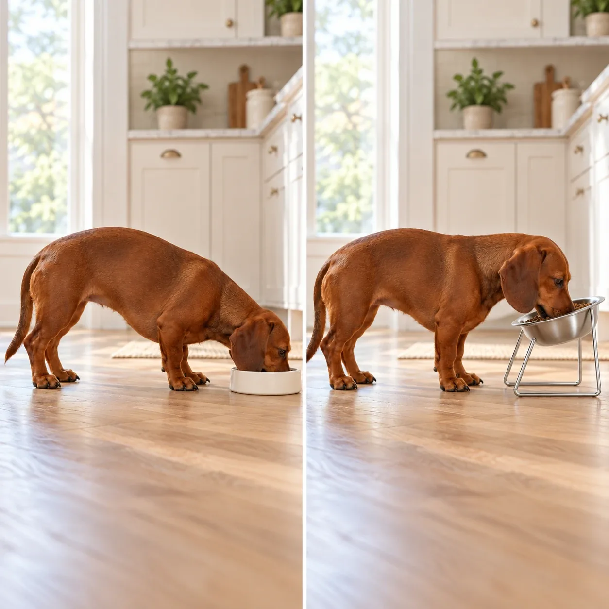 The same Dachshund at a floor bowl, head down, and at the tilt bowl, neck level