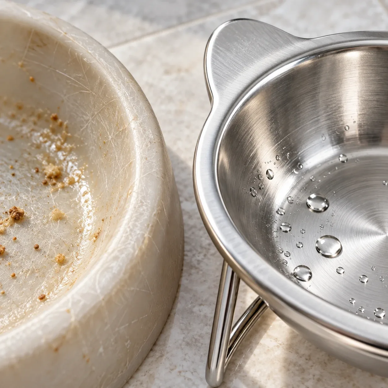 A scratched plastic bowl with a film and crumbs next to a clean steel bowl beaded with water
