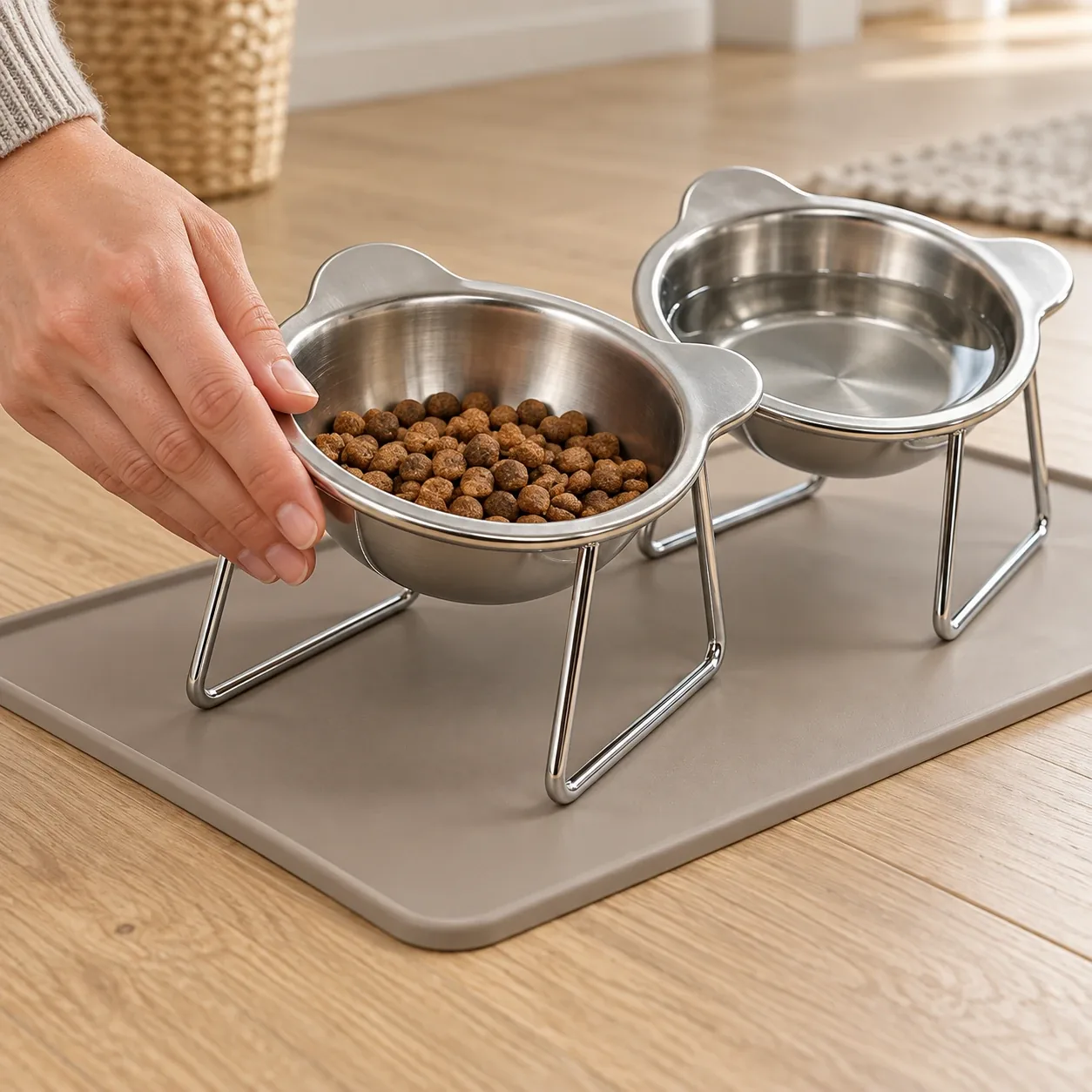 A hand on the bowl on the silicone mat, which keeps it in place