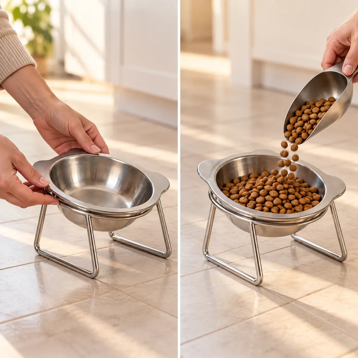 Hands setting the bowl down on the floor, then a scoop pouring kibble into it