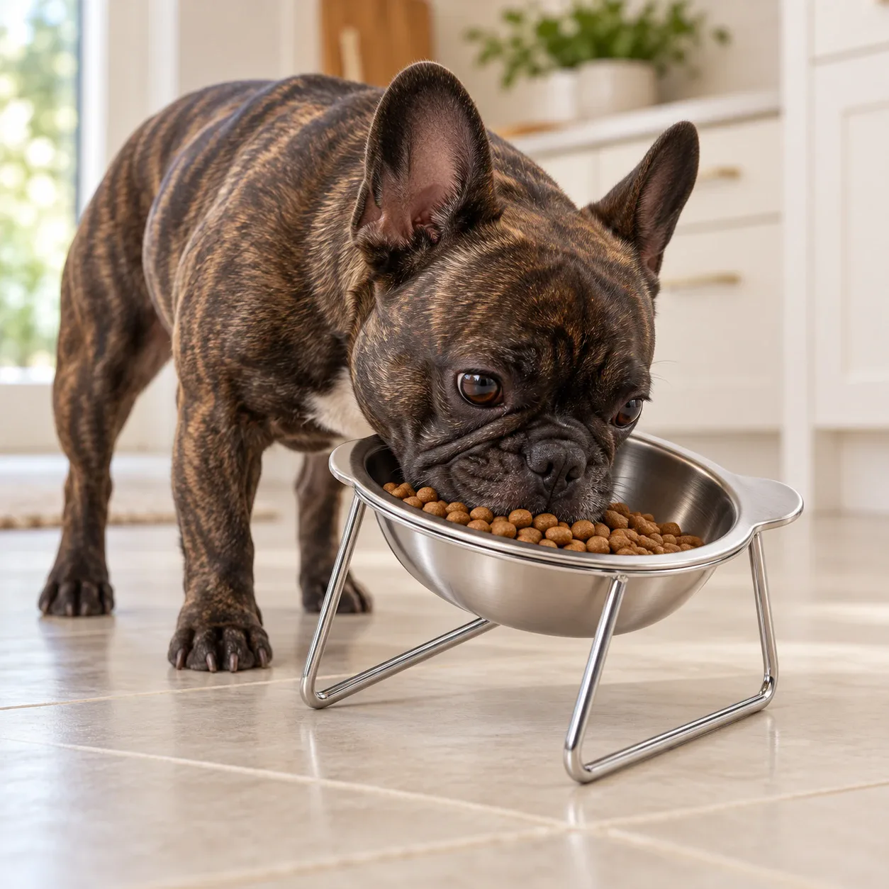 A French Bulldog eating from the tilted bowl