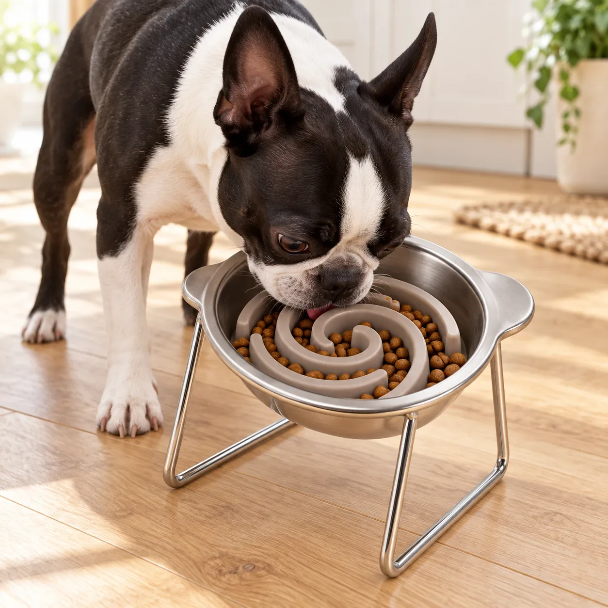 A Boston Terrier eating from the bowl with the slow-feed insert