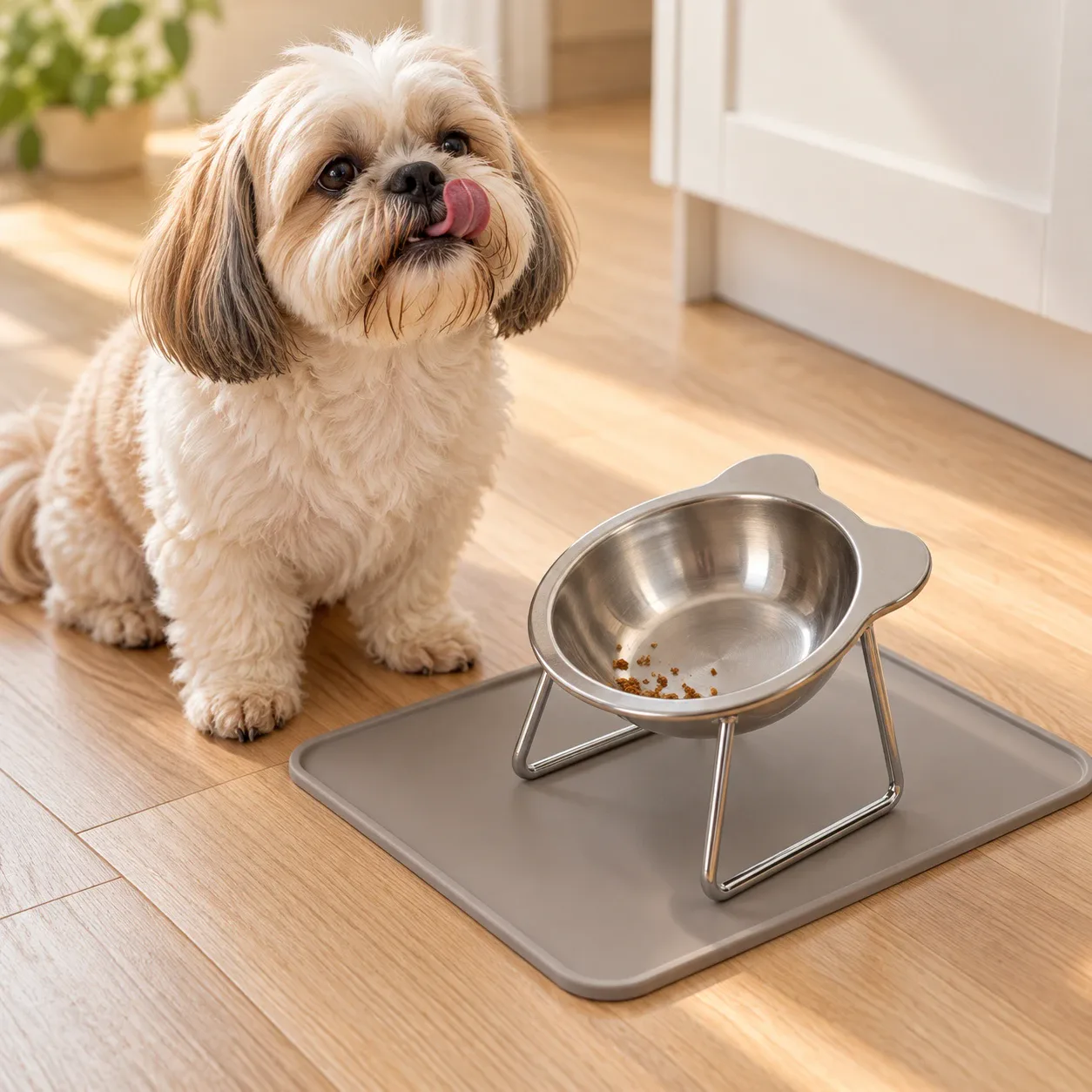 A Shih Tzu sitting by the bowl on its mat, the floor around it clean