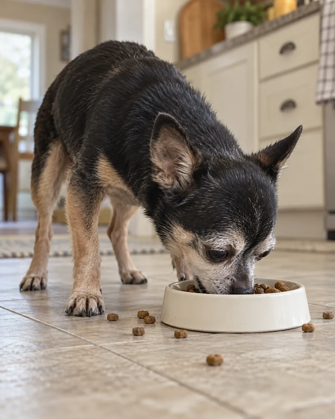A small senior dog eating from a floor bowl, head below the shoulders, kibble on the floor