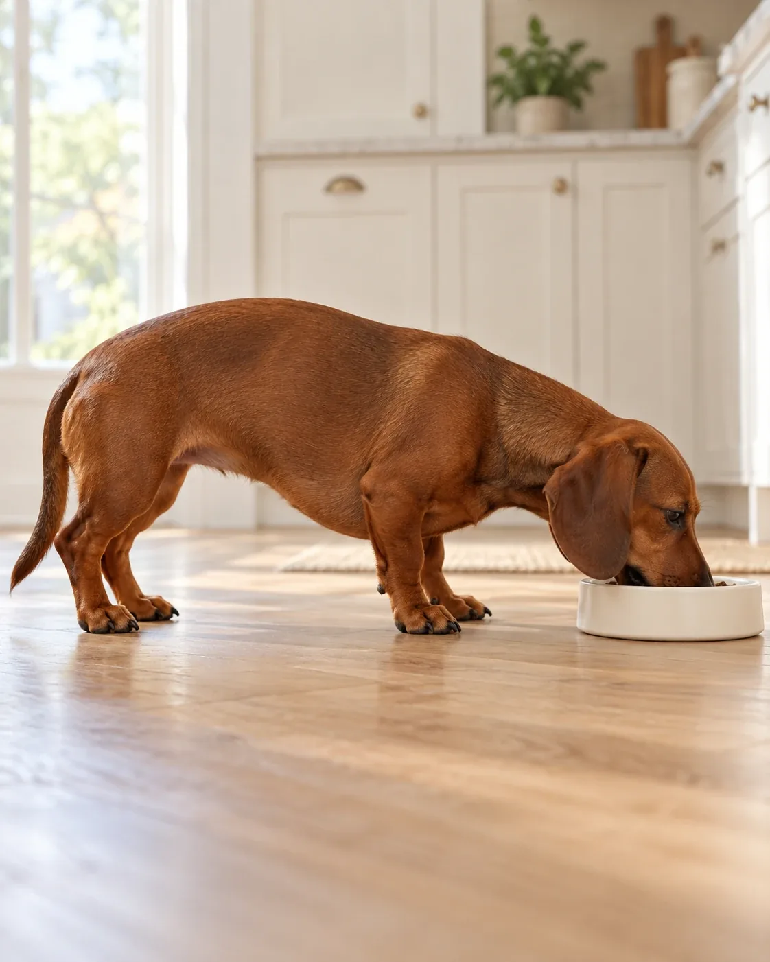 A small dog at a floor bowl, head down