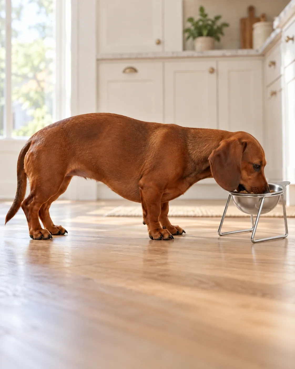 The same dog at the raised, tilted bowl, neck level